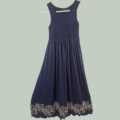 Jane Ashley Navy Blue Smocked Midi Dress Floral Embroidered Scallop Hem Large