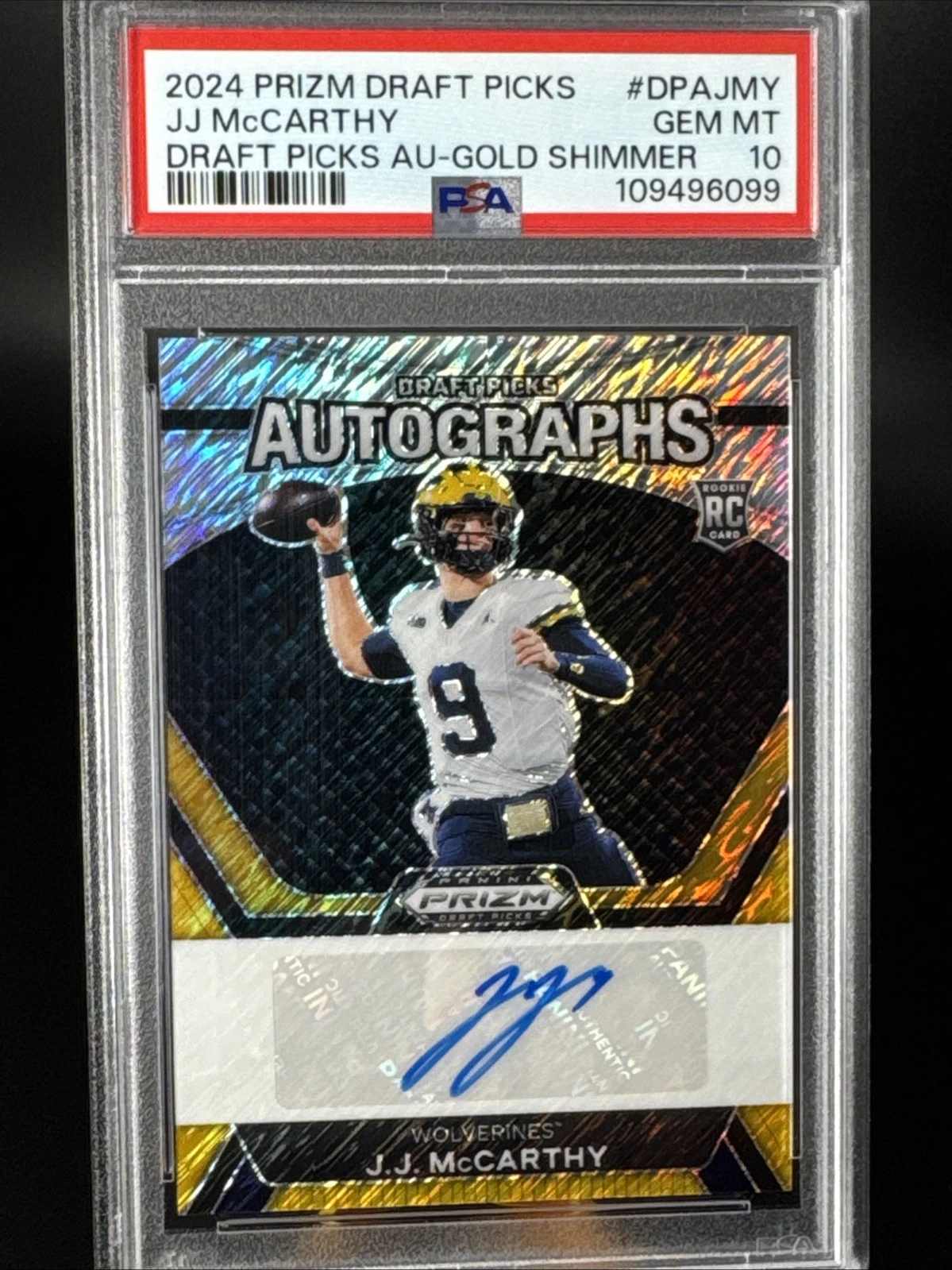 JJ McCarthy Panini Prizm Draft Picks Draft Picks Autographs #DPAJMY Gold Shimmer