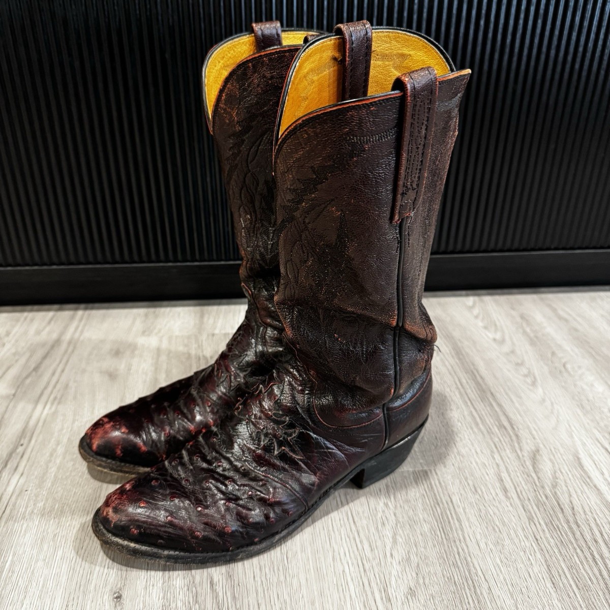 Vintage Lucchese 1883 Boots Mens Ostrich Leather Red Pull On