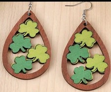 NEW Wooden Shamrock St Patricks Day 3 Leaf Clover Dangle Hook Earrings Holiday