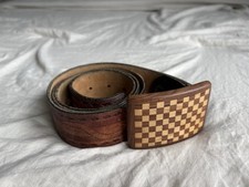 Vintage Leather Belt With Wooden Checkered Belt Buckle
