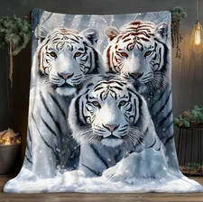 Snow White Tigers Print Flannel Throw Blanket - Soft Fleece Blanket 60*80''