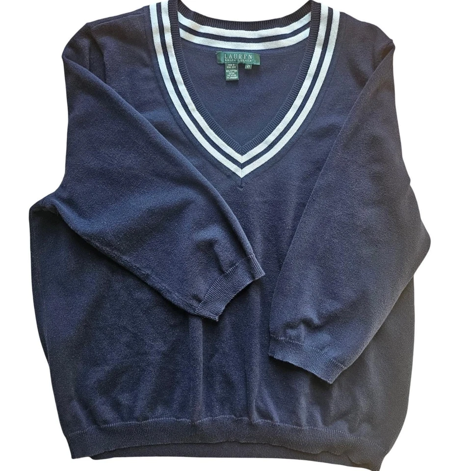 VTG Lauren Ralph Lauren Nautical Preppy Navy Blue Old Money Tennis Sweater 2X - Image 2 of 4