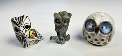 Lot 3 Tonala Mexican Pottery Emson? Stoneware Pewter Owls Miniatures 1.25-1.5''