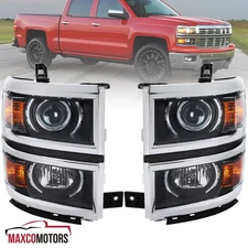 Black Projector Headlights Fits 2014-2015 Chevy Silverado 1500 Lamps Chrome Trim