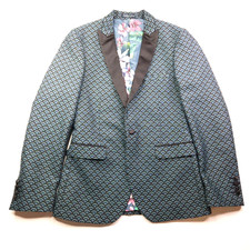 Paisley  Gray Single Breasted Scalloped Tuxedo Jacket Floral Lined Slim 36R