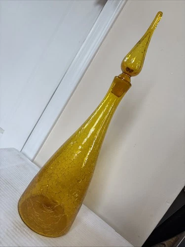 Mid Century Blenko Gold Yellow Crackle Glass Genie Bottle Decanter 920L Anderson