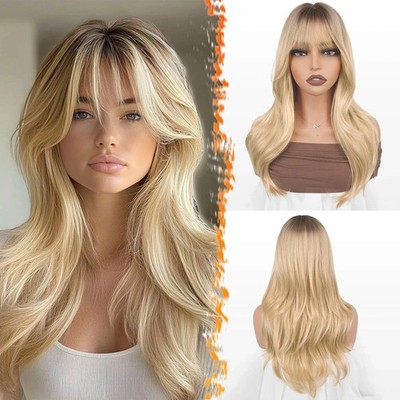 Human Hair New Women's Long Natural Brown Blond  Wavy Wig 20 Inch