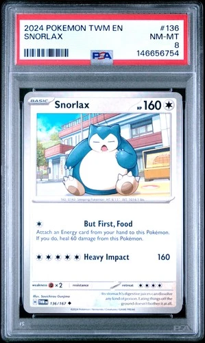 2024 POKEMON TWM EN-TWILIGHT MASQUERADE #136 SNORLAX PSA 8