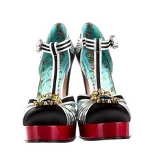 Gucci Interlocking G Logo Satin T-Strap Pumps Women's Size: 7  IT 37