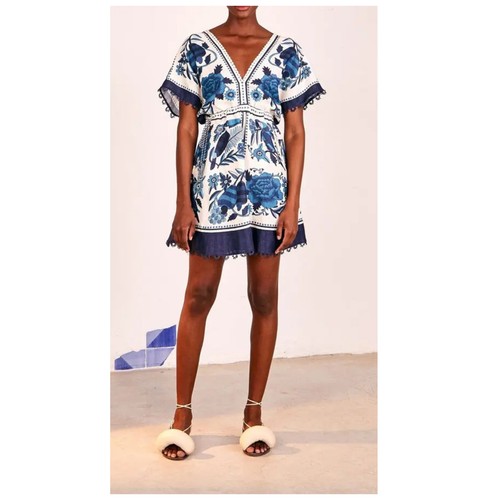 Vestido FARM RIO Azulejos Tropicales Floral Mezcla de Lino Mini Línea A Talla Mediana - Imagen 16 de 16