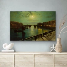 "Whitby harbor by moonlight"John Atkinson Grimshaw Canvas Wall Art Picture Print