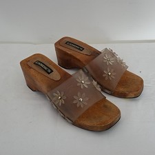 Vintage 90s Candie's Chunky Wooden Sandals Wood Clear Strap Flower Size 8 Y2K