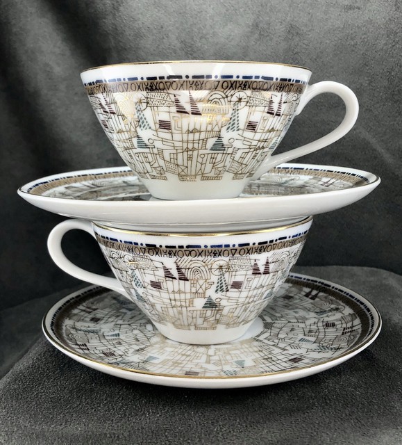 Vintage Mikasa Narumi Bone China Tea Cups & Saucers Gold Rim Abstract