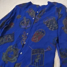 Vintage 1990 Dana Buchman Brushed Silk Blouse Royal Blue Baroque Size 6 Retro