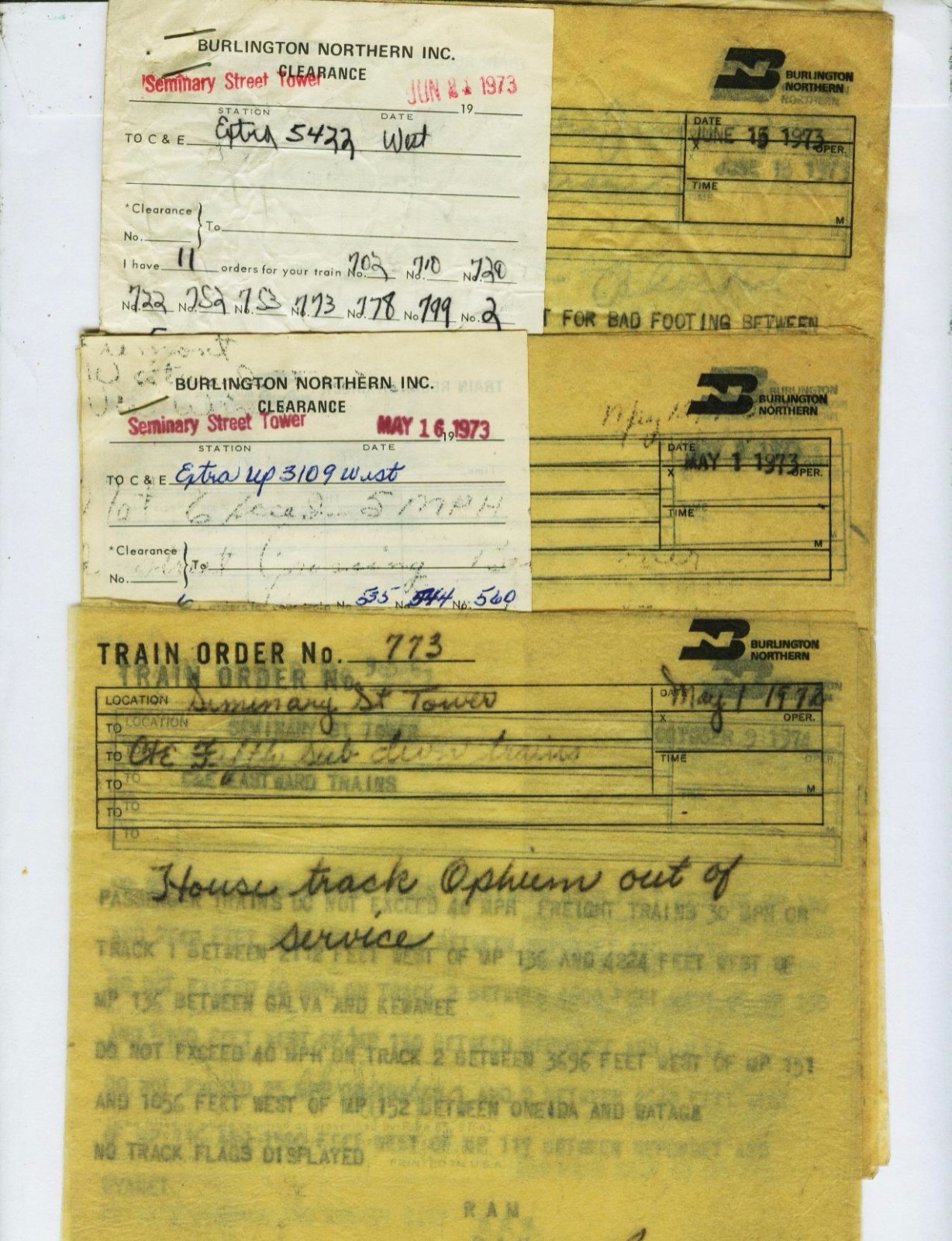 BURLINGTON NORTHERN RAILROAD TRAIN ORDERS (23) SEMINARY STREET ...