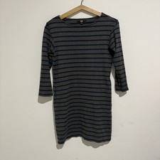Uniqlo Womens 3/4 Sleeve Striped Cotton Dress Size XS Grey Navy Blue Casual 