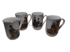 Set Of 4 Vintage 1982 Norman Rockwell Mugs White/Gold Trim PreOwned