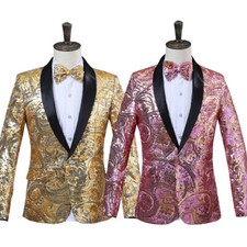 Mens Sequin Slim Suit Jacket with Bow Tie Dance Show Blazer Fancy Dress