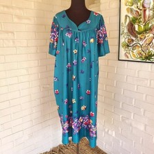 Vtg 90s House Dress, Green Teal Floral, Anthony Richards, XL, Lounge, Comfy