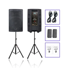 Pair Active 4000W Powered Speakers + 2Pcs Speaker Stands Mount Holder Heavy Duty