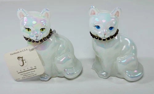 (2) Fenton Signed Glass White Iridescent Cat Figurine Rhinestone Collar