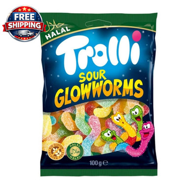 Sour Glowworms Halal I Fruit Flavored Gummy Worms with Sour Coating I 100G 3.5 O