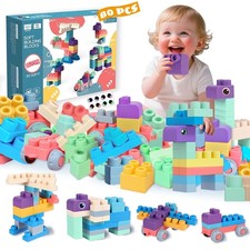 Extra-Large 80PCS Soft Silicone Building Blocks for Toddlers 18 Months and Up...
