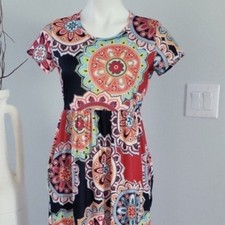 Basico Women's Mandala Print Maxi Dress Short Sleeve Empire Waist Pockets Med