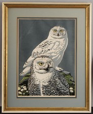 RARE Signed Artist-Proof ROBERT GILMOR Ornithology Bird Linocut Print SNOWY OWLS