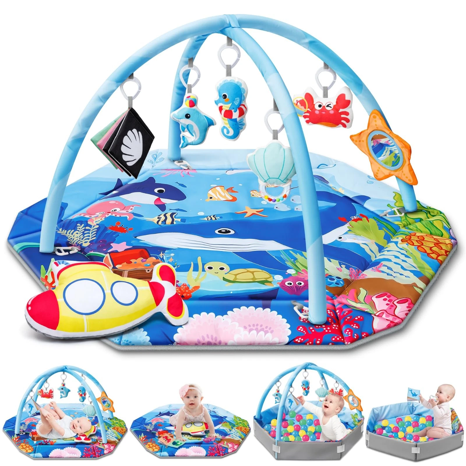 Baby Gym Play Mat, 8-in-1 Ocean Theme Tummy Time Mat Ball Pit, Washable Baby...
