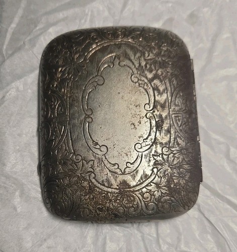 Antique 1920s Ornate Floral Etched Cartouche Cigarette/Card Case Nickel Silver