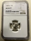 1949 D ROOSEVELT DIME NGC MS 66 FT - FULL BANDS FB FULL TORCH - BRIGHT WHITE GEM