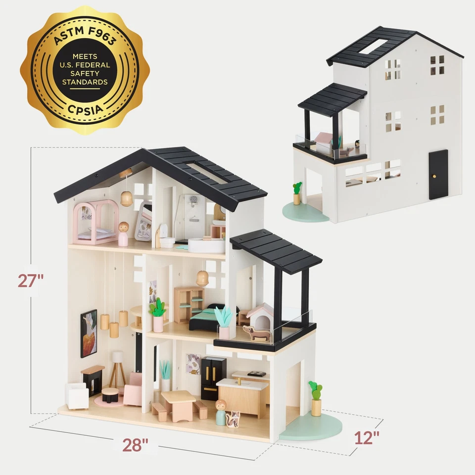 Pretend Play Wooden Doll House w/ 40 Accessories, Modern Toy Playset - Image 2 of 4