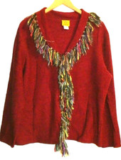 Ruby Rd. Cardigan Shirt Womens Large Red Multicolor Fringe Wool Preppy Colorful
