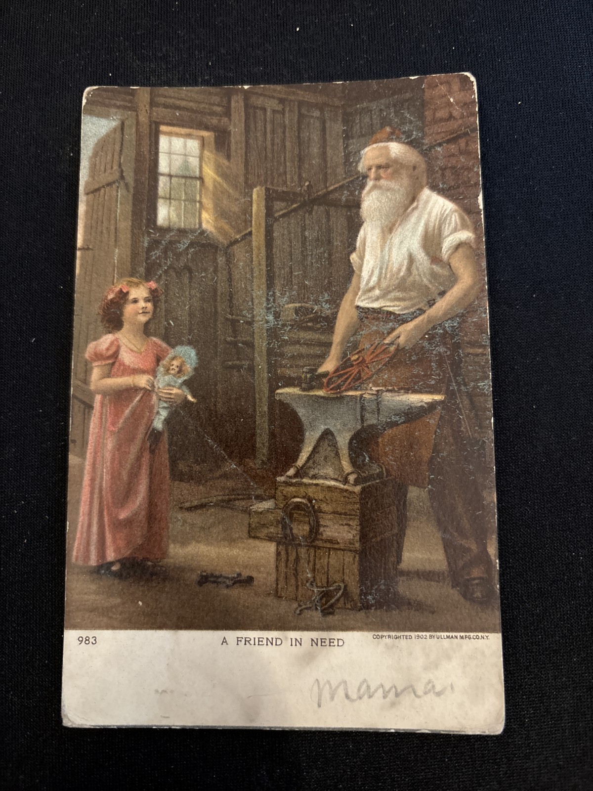 Ullman Mfg Co 983 A Friend in Need Postcard 1906 Undivided Back Blacksmith Girl