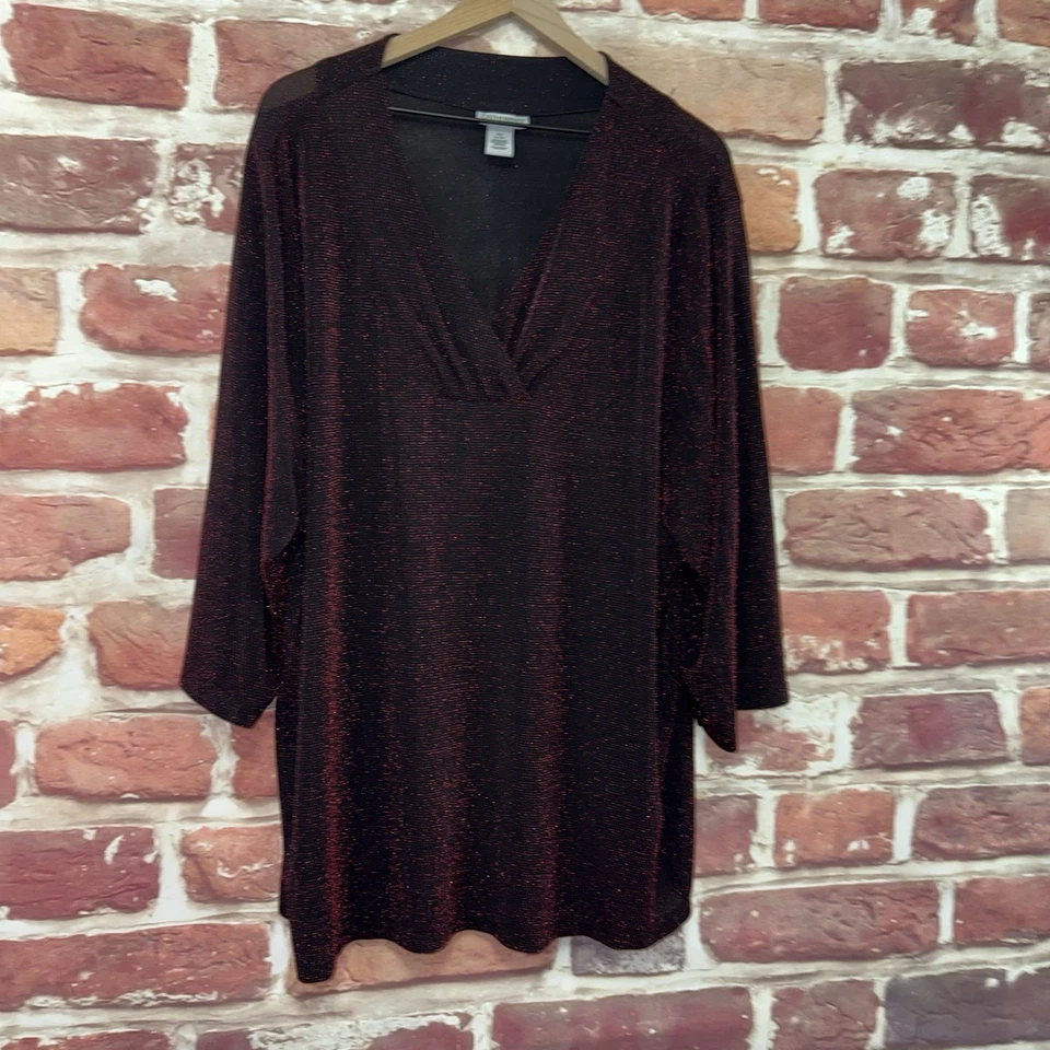 Catherines Топ женщин 3 X черный красный металлический эластичный блестящий туника рубашка - Изображение 2 из 4