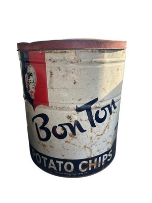 BON TON POTATO CHIPS LARGE VINTAGE 3 LB DISPLAY SIZED TIN, BON TON FOODS YORK PA