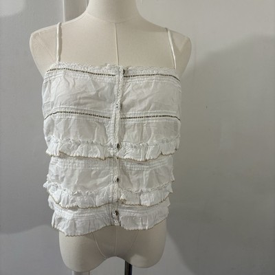 Mango MNG White Beaded Ruffle Tiered Cami Babydoll Milkmaid Button Front Sz L