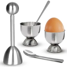 Egg Cups & Cracker Set of 5, 1 Stainless Steel Egg Topper Cutter - 2 Egg Holde