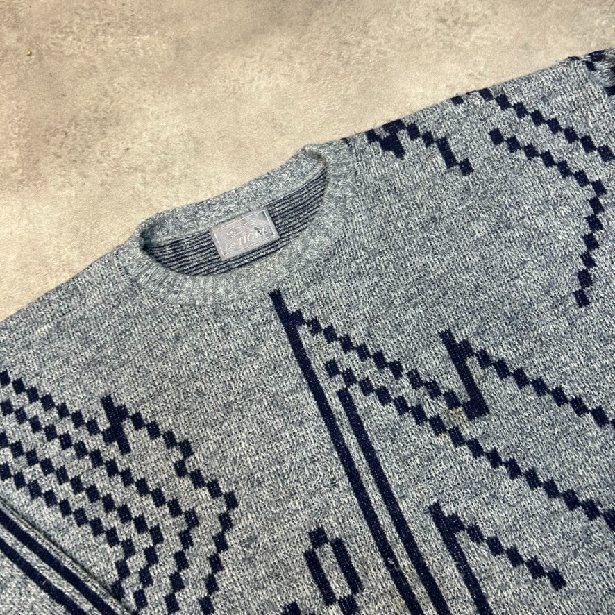 Vintage Knitted Jumper Mens 2XL Patterned Crew Neck Knit Sweater, Grey image 2