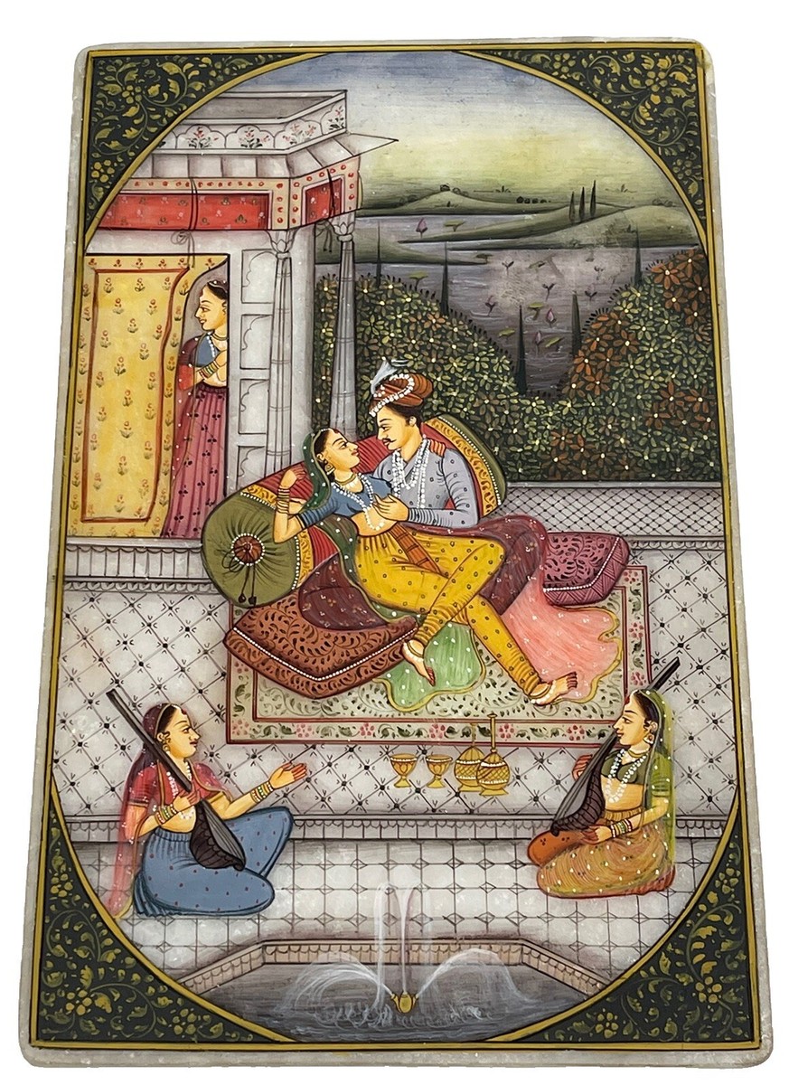 Vintage Indian Painting On Marble Court Couple Lovers 5x8” | eBay