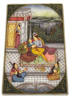 Vintage Indian Painting On Marble Court Couple Lovers 5x8” | eBay