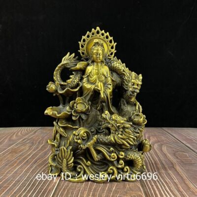 H24CM Tibet Temple Copper Stand Dragon Kwan-Yin GuanYin Bodhisattva Statue