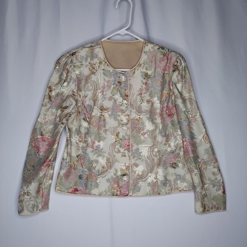 Miss Elliette Vtg 60s Damask Floral Skirt Suit 12 Gold Multicolor Jewel Button - Picture 2 of 23