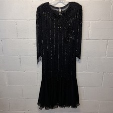 Vintage 80s Black Beaded Silk Gown Long Sleeve Flapper Dress Sz 6 holiday E3