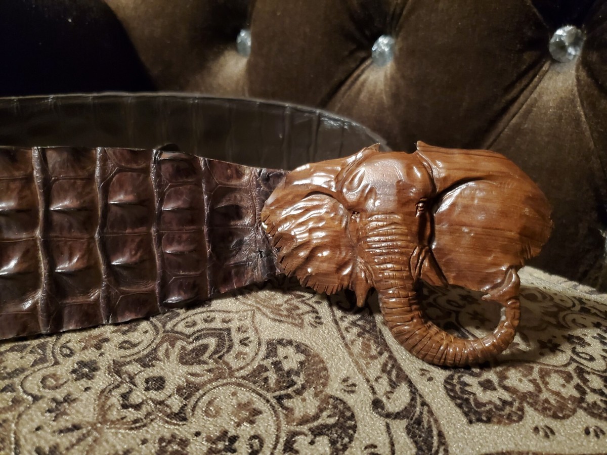 Crocodile Leather Belt 41 In With Elephant Carved Wooden  display picture 3