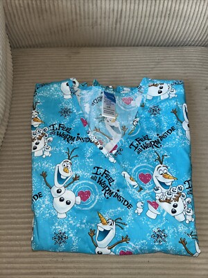 Disney Frozen Scrub Top Large OLAF ''I Feel All Warm Inside'' Movie Cotton Blue