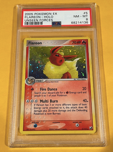 2005 Pokemon EX Unseen Forces Flareon Holo Rare #5/115 PSA 8 NM MINT
