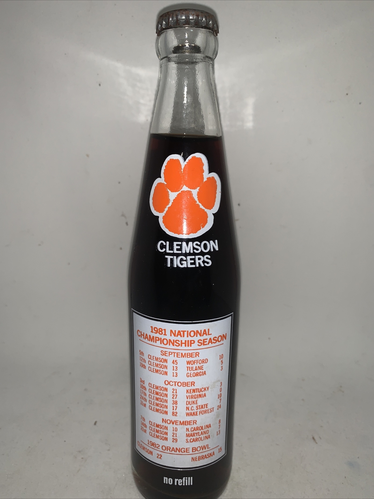 Vintage 1981 Clemson Tigers National Champions Coca Cola Coke Glass Bottle 10 OZ